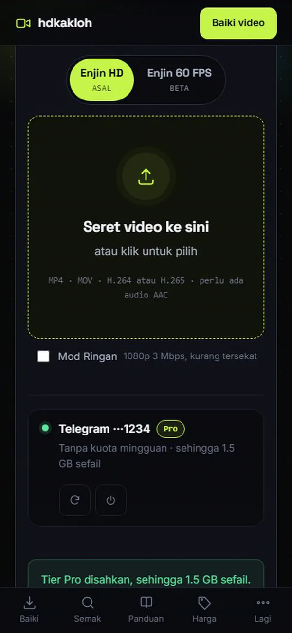hdkakloh.xyz dengan bar akaun Telegram dan lencana Pro, kotak muat naik terbuka