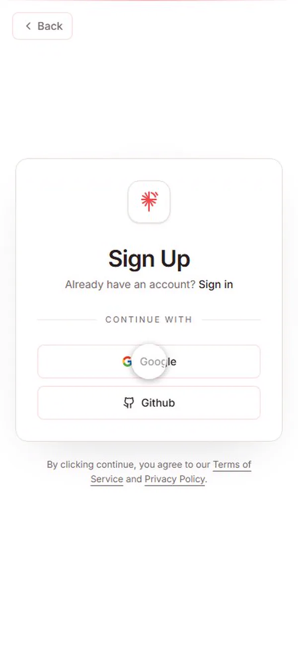 Halaman Sign Up PostPeer dengan pilihan Google dan Github