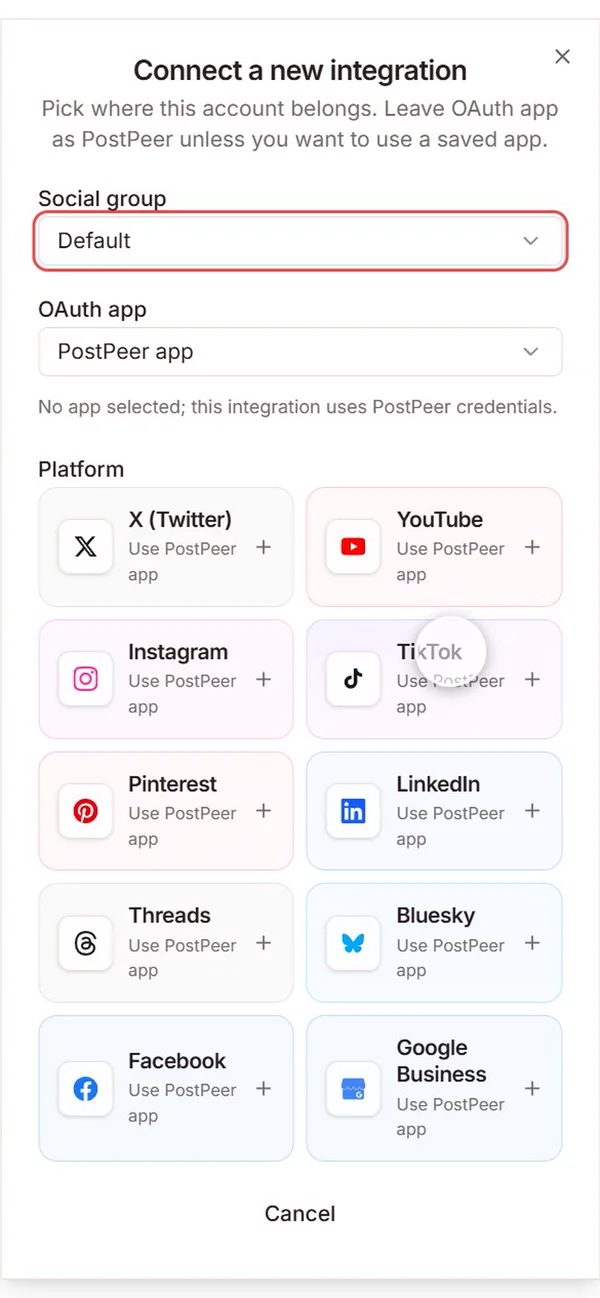 PostPeer: tetingkap Connect a new integration dengan pilihan TikTok