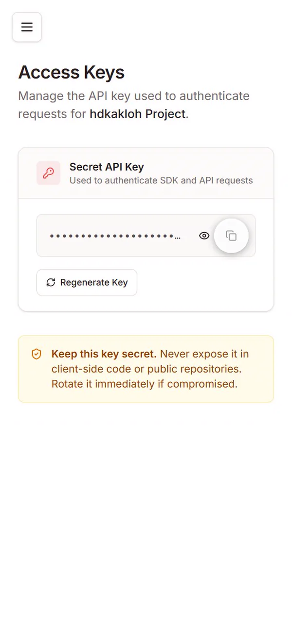 PostPeer Access Keys: Secret API Key tersembunyi dengan ikon salin