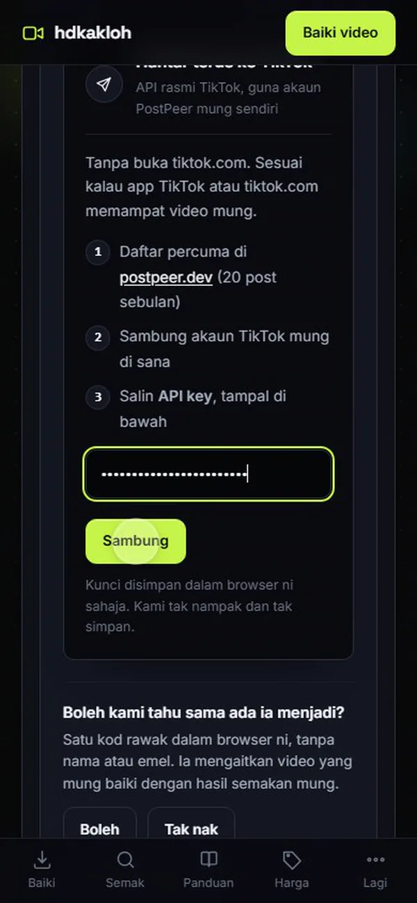 Kad Auto Post dengan kunci API ditampal dan butang Sambung